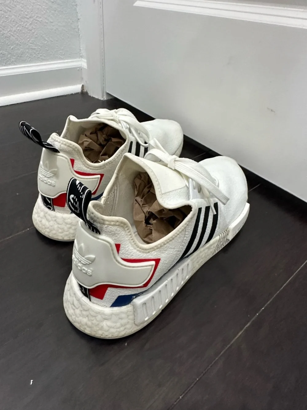 adidas White NMD R1 with Black Stripes and Red/Blue Accents SZ 14